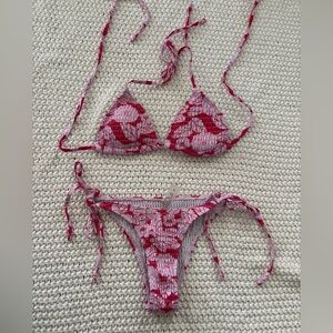 Shein Vibrant Flower Print Pink Tie-Side Bikini Top and Bottom Set